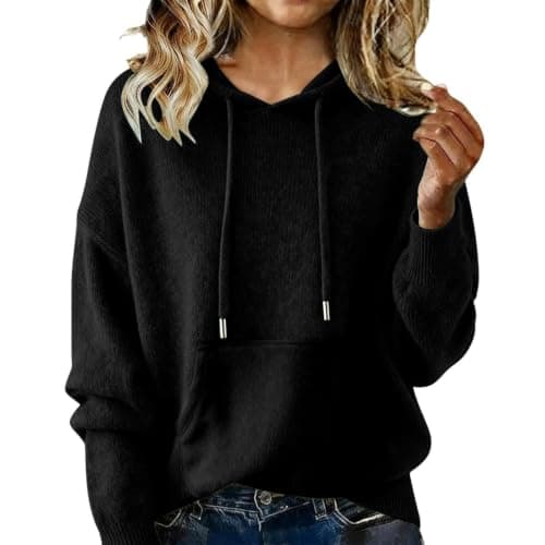Ladies Oversized Pullover Hoodie Soft Lightweight Long Sleeve Plain Sweatshirt With Kangaroo Pocket Drawstring Hooded Top Loose Fit Casual Thermal Ribbed Sweater Autumn Winter Airport Commute