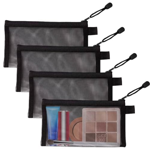 4 Pcs Small Make Up Bag, Mesh Toiletry Bags, Cosmetic Bag with Zipper for Women Men Cosmetics Toiletries Handbag (Black)