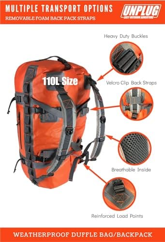 UNPLUG Ultimate Adventure Bag - 1680D Heavy Duty Waterproof Duffel Bag for Travel, Camping, Motorcycle, Hunting, Bug Out (110L Adventure Orange) — view 4
