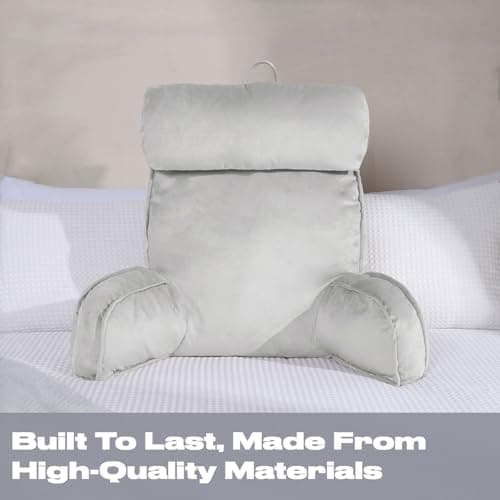 OHS Reading Pillow for Bed Adult, Detachable Neck Roll Gaming Cushion Cuddle with Head Rest Super Soft Comfy High Back Support Cushion with Arms for Sitting Up in Bed, Silver — view 4