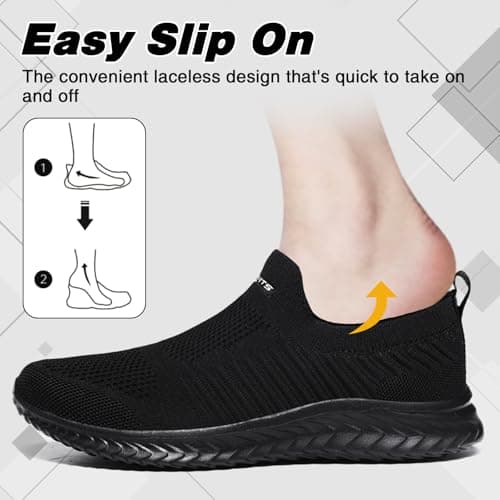 Mens Womens Slip On Trainers Casual Nordic Walking Shoes Breathable Running Shoes Nurse Work Shoes Lightweight Tennis Shoes Soft Mesh Gym Workout Sneakers Black EU44 Convert UK9.5 — view 2