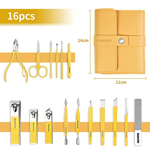 Manicure Set, Sumwitum Nail Care Kit, 16 PCS Nail Clippers Pedicure Kit, Stainless Steel Professional Nail Clipper Set with Leather for Women/Men/Friends and Parents Gifts (Yellow) — view 2