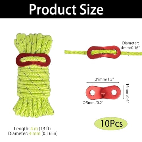 Guy Ropes, Tent Guy Ropes and Lines, 10 Pieces of Nylon with Fluorescent Green Colour, Camping Rope and Guide 4mm Diameter and 4 Metre Length Per Rope, Nylon Cord for Outdoor Use — view 2