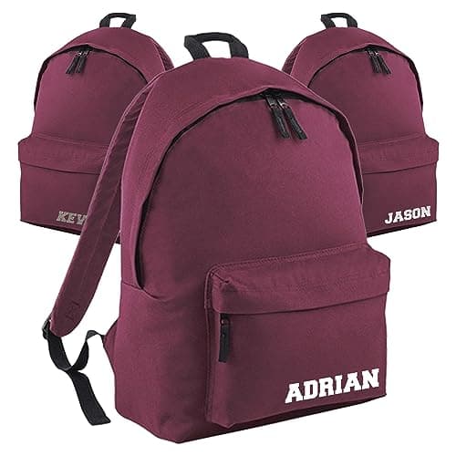 Print Maniacs Personalised School Backpack Large 18L Kids Travel Rucksack Junior Shoulder Collage Rucksack Back To School Lunch Swimming P.E Laptop Book Bag Small Name (Burgundy)