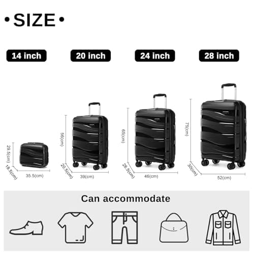 Kono Suitcase Set of 4, Lightweight PP Travel Case & Suitcases for Every Journey, Hard Shell Luggage with Spinner Wheels, TSA Lock & YKK Zips, Cabin to Large Sizes, Black — view 2
