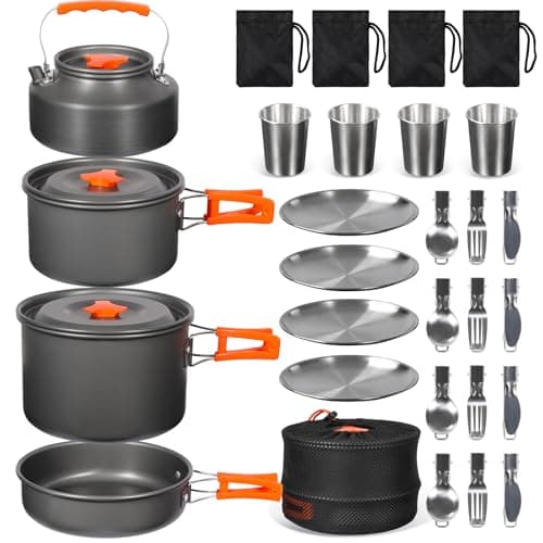 REDCAMP 23 PCS Camping Cookware Set for Family, Compact & Folding Backpacking Cookset for 4-5 Persons, Anodized Aluminum Lightweight Camping Pots and Pans Set