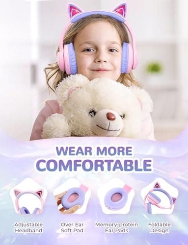 iClever BTH13 Kids Headphones Wireless Girls LED Cat Ear Travel Gift — view 6