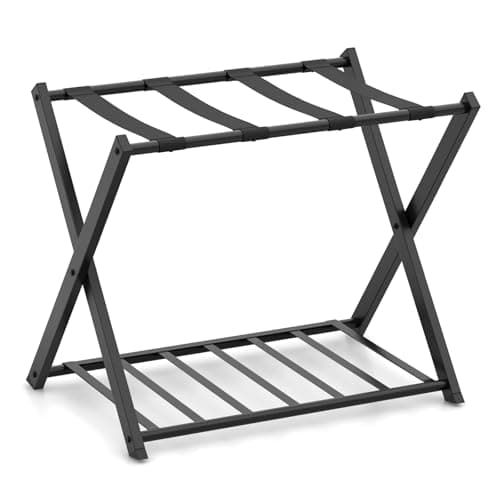 COSTWAY 1 x Luggage Rack, Metal Folding Suitcase Stand with Shoe Shelf, 2-Tier Portable Backpack Luggage Holder Storage Organizer Unit for Bedroom, Guest Room and Hotel, 68 x 45 x 57cm (Black)
