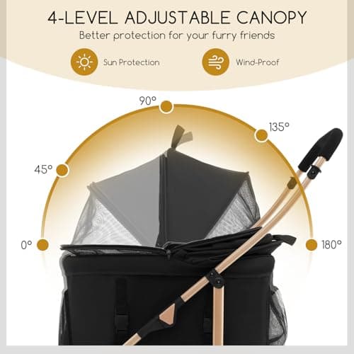 COSTWAY 3 in 1 Pet Stroller, Folding Dog Strollers with Detachable Car Seat Carrier, Adjustable Canopy, Storage Basket, 4 Wheels Travel Pushchair for Small Medium Dogs Cats (Black+Gold) — view 3