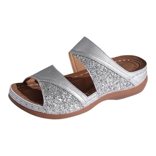 Nuoke Gladiator Sandals for Women, Sandals for Women 2026 Orthopedic Ladies Sandals Womens Arch Support Summer Slip Wide Fit Walking Slip on Platform Sliders Sport Wedges Shoes Silver 4 — view 4