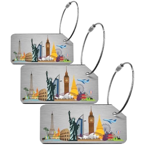 Nahata Luggage Tags 3 PCS | Suitcase Tags | Brushed Aluminum Alloy Luggage Tags for Suitcases | Luggage Labels for Suitcases | Suitcase Identifier—Bag Tags | Travel Tags for Luggage (Skyline Pack-3)