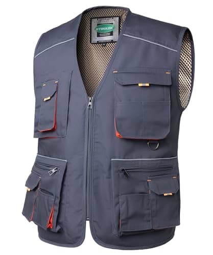 KTWOLEN Men's Work Vest Carpenters Tool Multi-Pocket Safety Vest Construction Mechanics Sleeveless Work Gilet, Grey, L — view 3