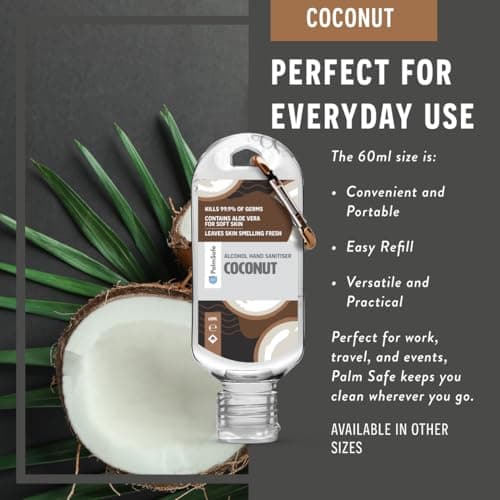 Palm Safe Coconut 60ml Anti Bacterial Premium Hand Sanitiser Travel Size Refillable Clip Bottle Quick Drying Non Sticky Extra Moisturising Kills 99.9% of Viruses and Bacteria — view 5