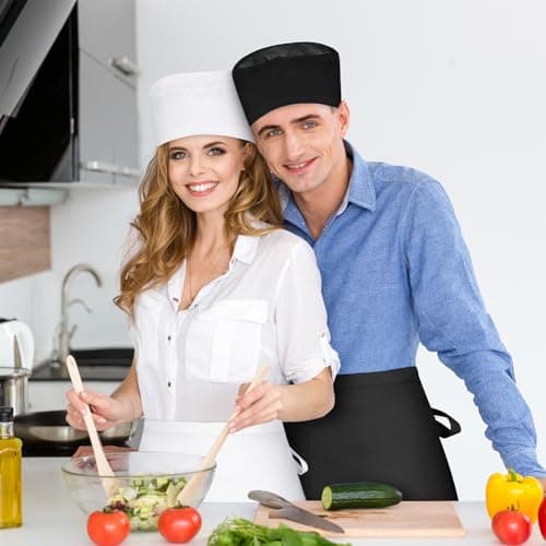 DiULi Apron and Chef Hat Set, Adjustable White Chef Apron with Pockets, Women's Cooking Kitchen Bib for Home Gardening Café — view 6