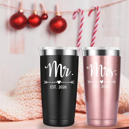 Mamihlap Mr and Mrs Est 2025 Travel Mug Tumbler.Newlyweds Couples Wife Bride To Be Newly Engaged Bridal Shower Gifts.Wedding Tumbler Idea for Bridal Showers Engagement.(20oz Black&Rose Gold) — view 4