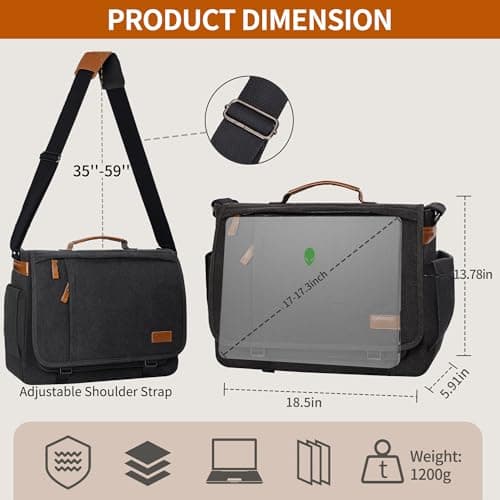 Estarer Messenger Bag 17.3 Inch Upgraded, Water-resistant Canvas Laptop Bag, Computer Shoulder Bag for College Travel Work, Dark Grey — view 6