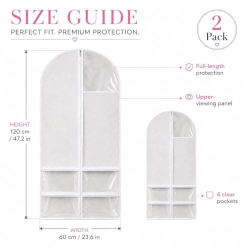 2 Pcs Dance Costume Bag, 60×120cm Foldable Dress Bag with Zipper Pockets, Clothes Covers Protector Bags, Waterproof Garment Bags for Hanging Clothes, Travel Suit Cover for Dancers Competitions, White — view 2