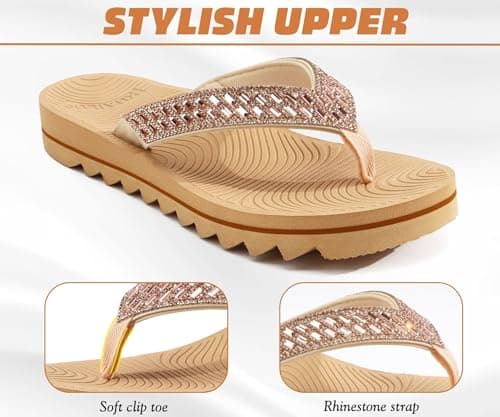 KuaiLu Womens Orthotic Flip Flops with Arch Support Yoga Mat Cushion Fashion Rhinestone Sandals Summer Walking Beach Travel Thong Slides Comfy Plantar Fasciitis Indoor Outdoor Sandles Beige 7 — view 4