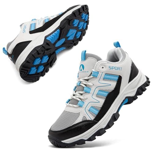 ASOCO DREAM Hiking Shoes Mens Womens Walking Boots Lightweight Breathable Trekking Climbing Trainers Outdoor Backpacking Camping Sneaker,Beige Blue,4 UK — view 4