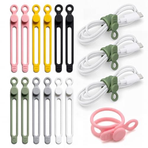 12 Pcs Reusable Silicone Cable Ties, Elastic Adjustable Buckle Design Cable Tidy Straps, Solid Color Portable Wire Organiser for Phone Charger Earphone Data Cables Home Office Travel