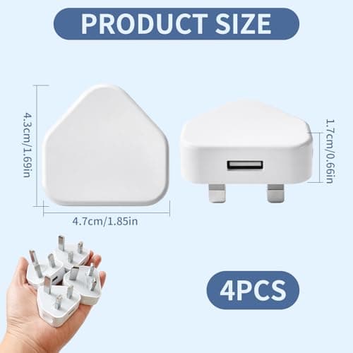 USB Charger Plug UK 4 Pack, 5V 1A USB Wall Plug Adaptor with 3-Pin UK Mains Adapter, Fast Safe Charging Compatible with iPhone 14/13/12/11/XR/XS/SE/8 for iPad Huawei Pixel Samsung — view 6