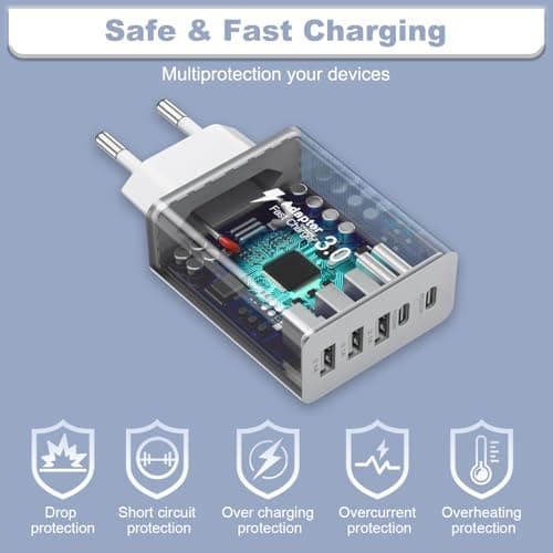 EU Travel Adapter Charger, European Plug Adapter Fast Charging with 2 USB C&3 USB A, 50W European Wall Adaptor Eu Adaptor Plug Fast Charger Compatible with iPhone 17 16 15 14 13 12, Samsung Galaxy S25 — view 4