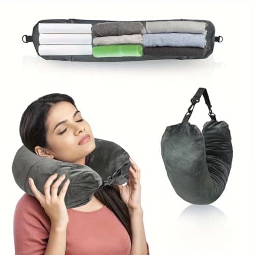 Stuffable Empty Neck Pillow for Travel, Storage Bag,Multifunctional Stuffable Travel Pillow with Adjustable Straps, Soft Neck Pillow, Fillable for Extra Luggage (Black) — view 4