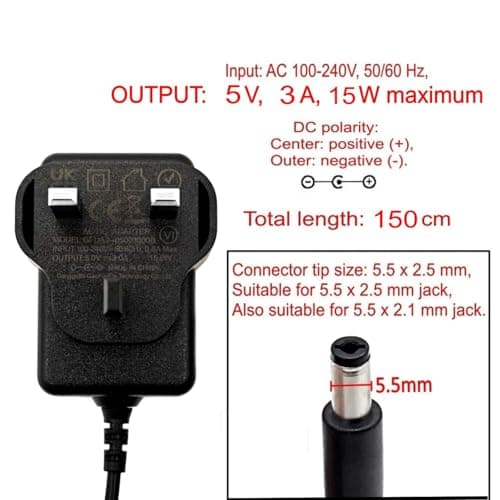 JZK 5V 3A Power supply, 15W wall charger, AC/DC adapter, baby swing replacement charging cable for Graco/Larex/Kidsview/Napei/Munchkin swing, with DC 5.5x2.5 mm barrel plug connector — view 2