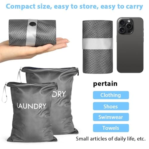 AOOTE Waterproof Travel Laundry Bag, 2 Pack Dirty Clothes Organizer with Zipper, 2 Sizes Foldable Dirty Clothes Storage Bag, Wet Bags for Travel, Swimming, Gym, Beach, Pool, Workout, Yoga, Dark grey — view 3