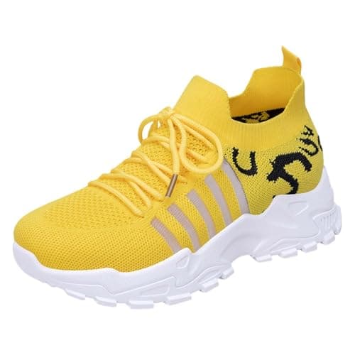 Sling Back Shoes Women Women Trainers Wide Fit Wedge Walking Sneakers Casual Fashion Non Slip Walking Shoes Lightweight Low Top Lace Up Orthopedic Trainer Arch Support Footwear Yellow 4.5