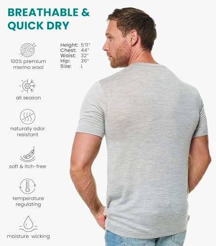 100% Merino Short Sleeve Shirts Men, Henley T-Shirt Mens, Shirt with Pocket (Medium, Heather Grey Hnly) — view 2
