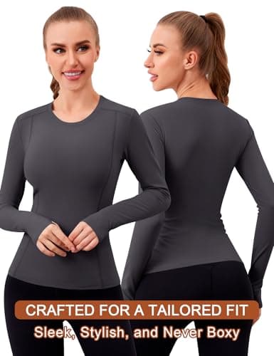 IECCP Women Thermal Long Sleeve Thermal Top with Thumb Holes Shirts Crew Neck Fleece Lined Base Layer Soft Undershirt Tops Cold Weather Athletic Shirt Gray M — view 2