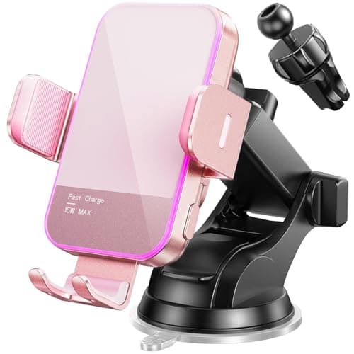 Car Phone Holder Wireless Charger,【7 Colored RGB Backlit】MOSURR 15W Auto Clamping Wireless Car Charger Mount for iPhone 16 15 14 Mini Pro Max, Samsung Galaxy S26 Ultra S25 S24+, etc - Pink
