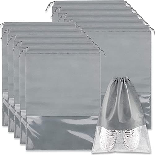 Acehome 10 Pack Large Travel Shoe Bag, Portable Drawstring Shoes Storage Bags Non-Woven Dust Proof Pouch Space Saving Organizer with Transparent Slot for Men Women Daily and Travel Use (Grey)