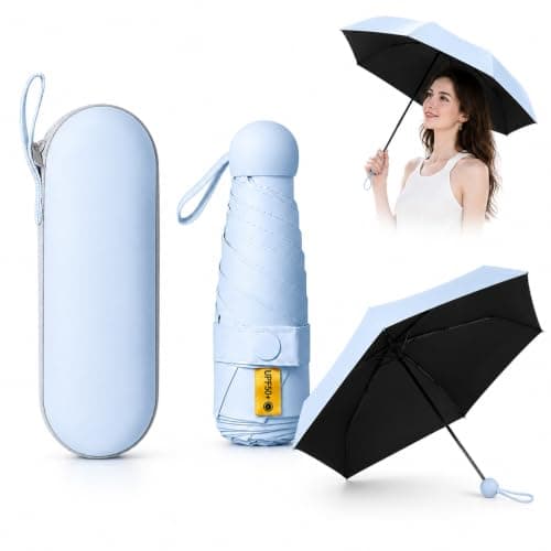 WHJYCC Compact Folding Umbrella - Light Blue Travel Umbrella with Case
