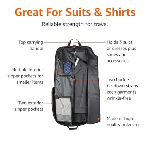 Amazon Basics Premium XL Garment and Suit Bag with Adjustable Shoulder Strap, Two Tie-Down Straps and Metal Eyehole for Hanger, 109cm x 55cm x 11cm, Black, Solid — view 3