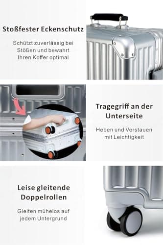Aoliwei Aluminium Frame Travel Suitcase M (64 cm) - Premium Hard Shell Trolley for 4-6 Days Travel, with Black Genuine Leather Handle, TSA Lock & 360° Silent Double Wheels, Grey (brown genuine leather — view 3