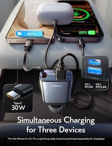 LISEN Compact 3 in 1 Retractable Car Phone Charger USB C Fast Charge 57W — view 4