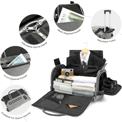 TONRUYN Rolling Garment Bag for Travel Suit Bag with Wheels Handle 55L Carry on Garment Duffle with Shoe Compartment for Men Women 3 in 1 Trolley Convertible Suit Carrier for Business Wedding, Grey — view 3
