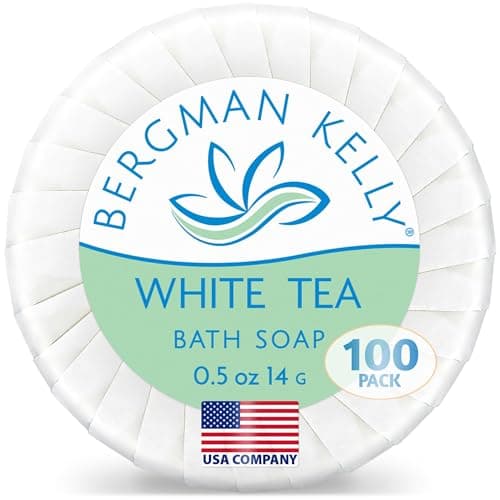 Bergman Kelly - Hotel Soap Bars - White Tea, 14 g, 100 PK - Travel Size Luxury Bulk Amenities Bar Soap - Mini Individually Wrapped Round Soaps - Small Toiletries for Airbnb, Motel, Guest Bathroom