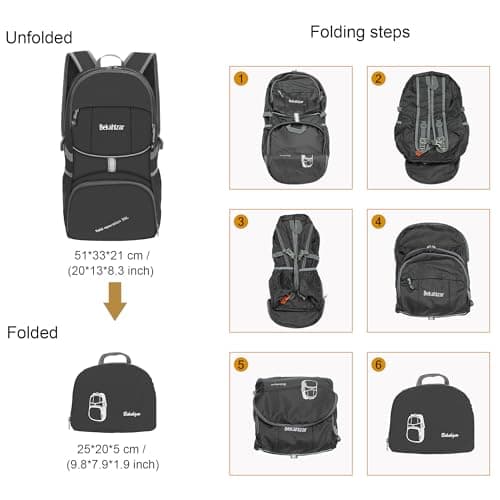 Bekahizar Lightweight Foldable Backpack 35L Hiking Rucksack Daypack Packable Travel Day Bag for Men Women Teens Outdoor Sports Walking Camping Travelling Cycling (Black) — view 3
