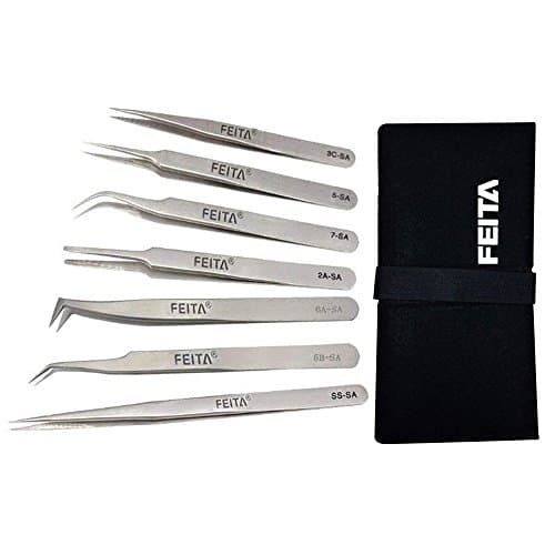 Professional Tweezer Set - FEITA Precision Tweezers with Travel Case - Stainless Steel Tweezers for Plucking, Watchmakers, Jewelry, Electronic, Craft (Silver 7Pcs)