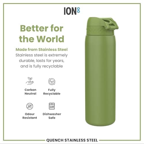 Ion8 Lightweight 1 Litre Steel Water Bottle, Non-Insulated, Leak Proof, Easy to Open, Secure Lock, Dishwasher Safe, Flip Cover, Carry Handle, Ideal for Travel & Active Lifestyles, Khaki Green — view 5
