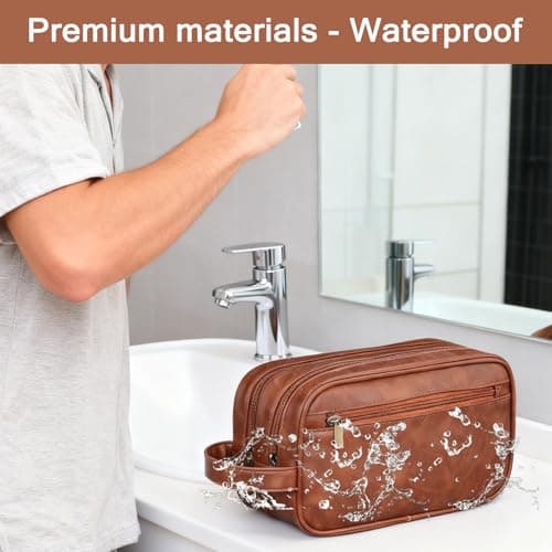 Leather Toiletry Bag Mens Wash Bag with 3 Compartments - Travel Toiletry Bag for Gym & Shaving, Small Washbag for Men, Perfect Travel Gifts for Men — view 3