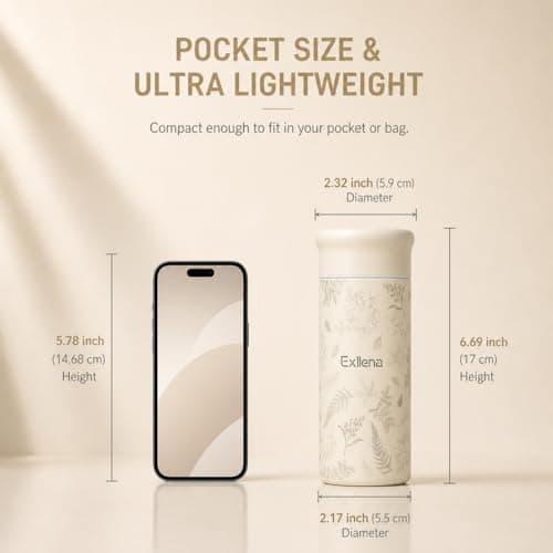 Exllena 250ml Mini Thermal Flask – 100% Leakproof Pocket Travel Mug for Flat White Coffee & Tea – Slim Stainless Steel Small Water Bottle for Handbag, Commute, Milk – BPA Free(Butter Botanical) — view 2