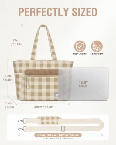 Kasgo Corduroy Tote Bag for Women, 15.6" Laptop Work Bag, Khaki Checkered — view 3