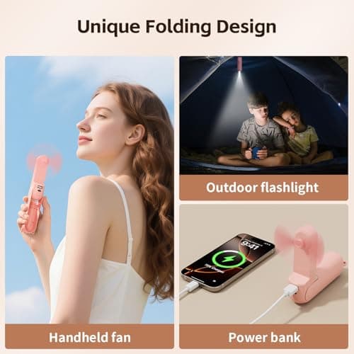 Morelax Portable Handheld Fan,USB Rechargeable Mini Pocket Fan, 3-in-1 Slim Foldable Desk Fan with Built-in LED Torch & Emergency Power Bank,Personal Cooling Fan for Travel,Home,Office,Gifts for Women — view 4