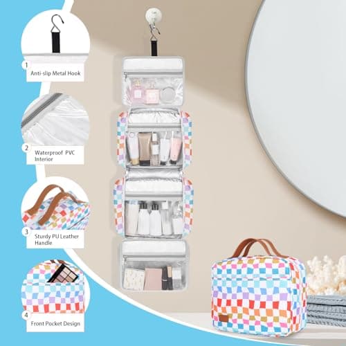 Travel Toiletry Bag for Women, Hanging Toiletry Bag with Hook Pastel Checkered Makeup Bag for Travel Size Toiletries, Cosmetics, Must Haves for Traveling Women — view 5