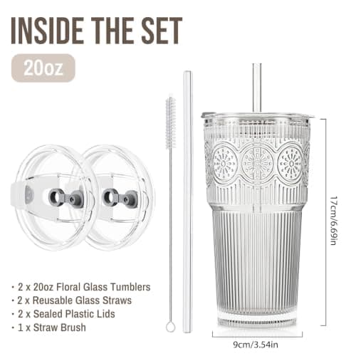 SoulTimes 600ml Ribbed & Floral Glass Tumbler Set of 2 – Reusable Glass Cups with Lid and Glass Straw, Iced Coffee Cups for Water, Smoothie, Milk & More – Perfect for Daily Use & Travel — view 3