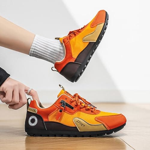 Mens Retro Colour Block Trainers Lace Up Low Top Round Toe Breathable Mesh Leather Upper Soft Cushioned Sole Lightweight Non Slip Easy On Off All Season Walking Shoes for Outdoor Hiking Travel Orange — view 4